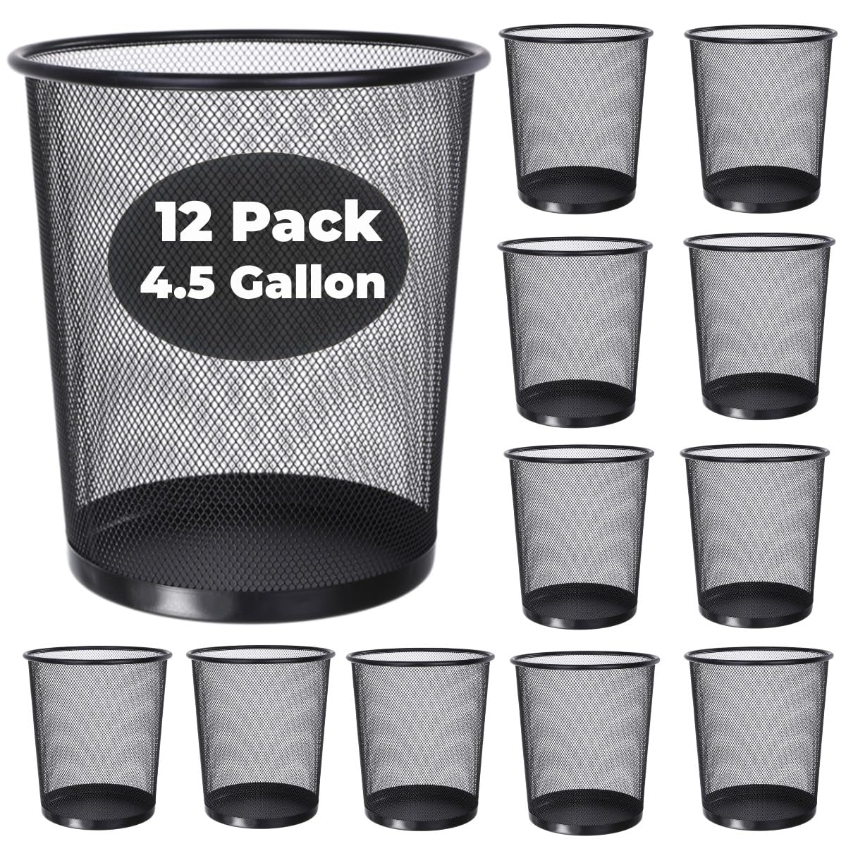 12 Pcs Mesh Trash Cans 4.5 Gallon Open Top Mesh Waste Wastebasket Lightweight Trash Bin Metal Basket Garbage Can for Kitchen Office Dorm Room Living Bedroom Under Desk Home Black